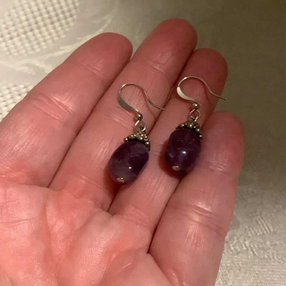 Vintage Silver Amethyst Hook Back‎ Drop Earrings